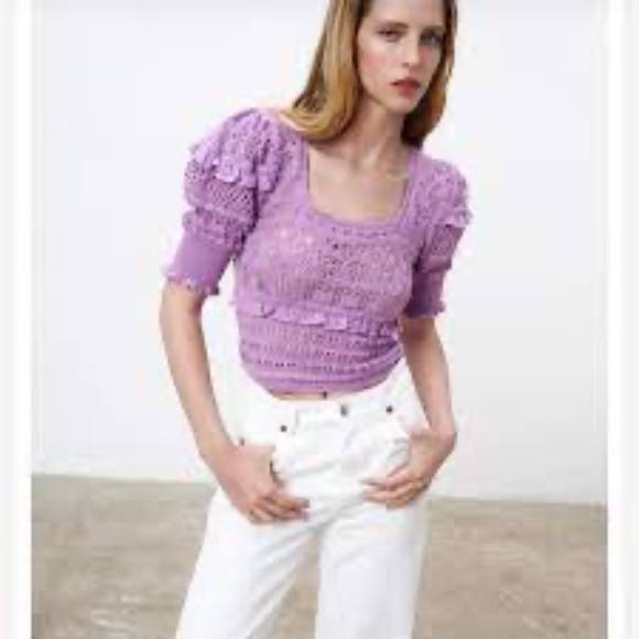 NEW Zara Purple eyelet pointelle crochet cotton sweater Medium - Picture 2 of 11
